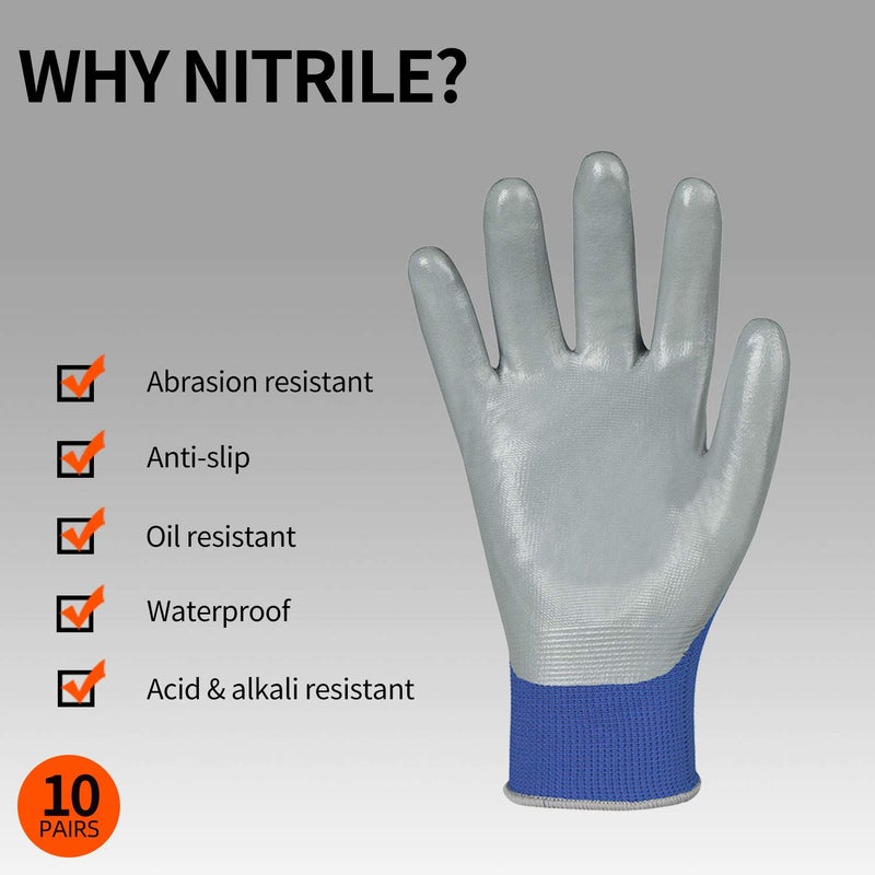 Vgo... 10-Pairs Safety Work Gloves, Gardening Gloves, Non-slip Nitrile coating, Dipping Gloves (Size XL, Blue, NT2110) - Image 2